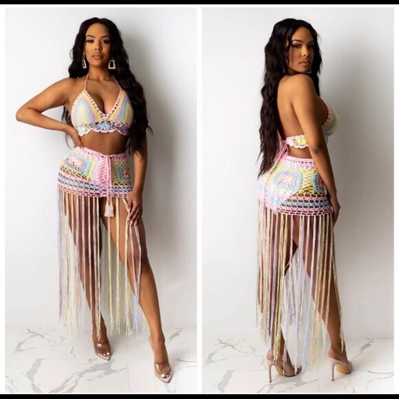 Pink Multi Colored Fringe Crochet Swimwear Coverup - Picture 1 of 8
